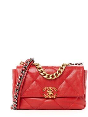 Authentic CHANEL Goatskin Quilted Medium Chanel 19 Flap in Red